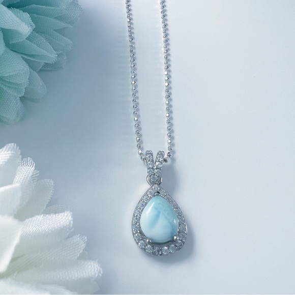 Natural Larimar CZ Diamond Dainty Sparkly Pendant Necklace Sterling Silver 925 - Picture 5 of 13
